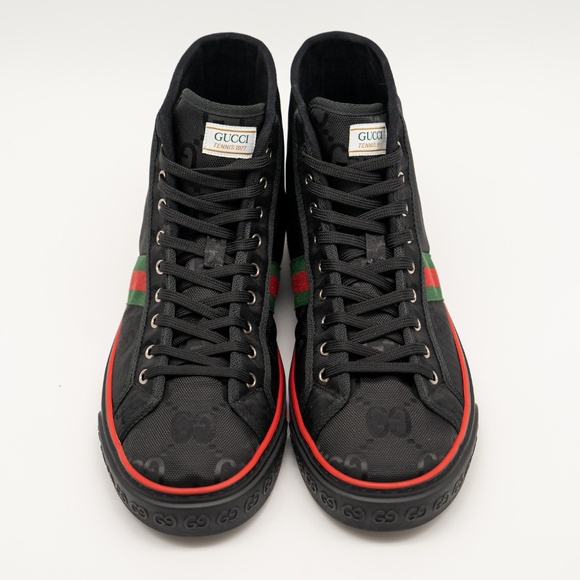 size 13G 13.5 US Gucci Tennis High Black Canvas Jumbo GG Sneakers Web - Picture 3 of 12
